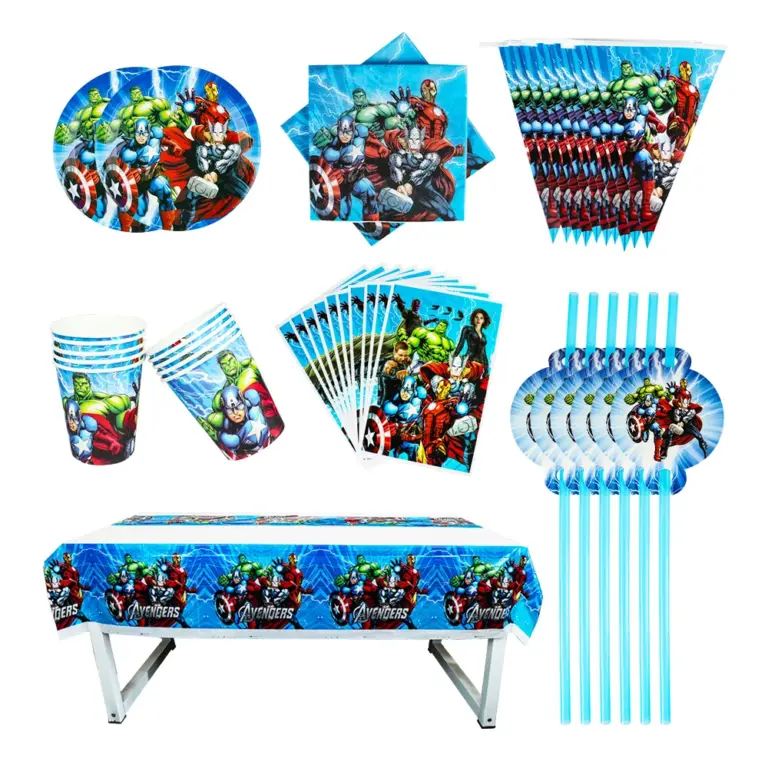 Juego de vajilla desechable de Los Vengadores, platos de papel, taza, mantel, servilleta, globo, decoración de fiesta de cumpleaños, adecuado para 20 personas