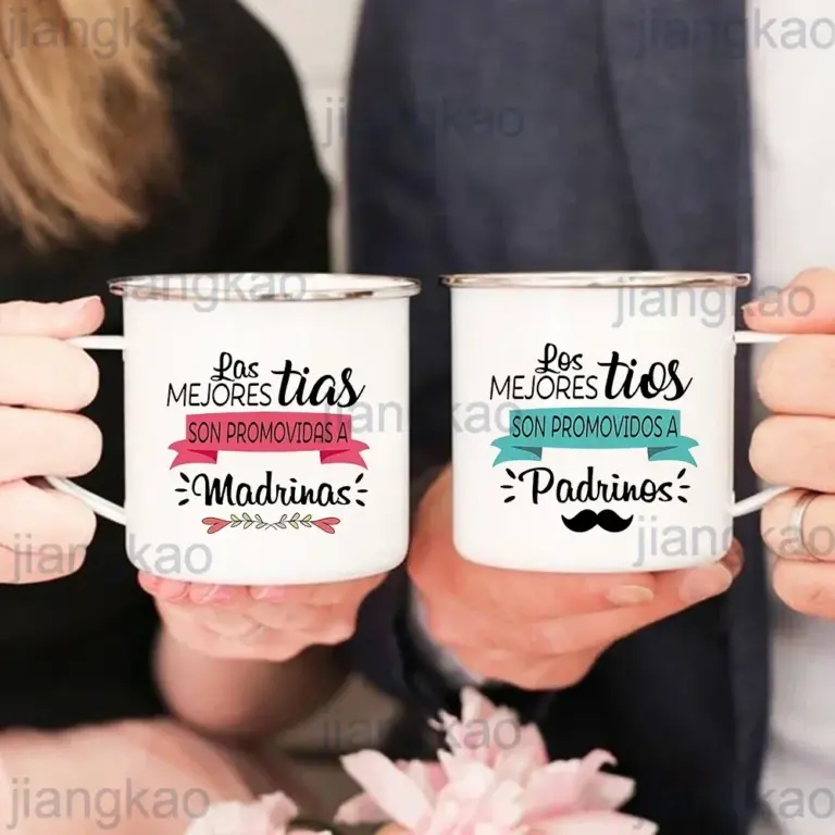 Taza con estampado promocionado por madrina/padrino, anuncio de embarazo, taza de café, bebidas, tazas esmaltadas de leche, regalo para madrina, padrino