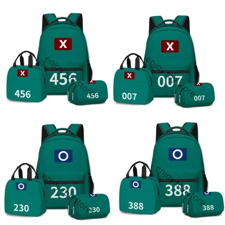 Mochila de jugador de Horro Calamari Seong gi-hun, 3 uds., 456, bolsa de Cosplay, bolsa de almuerzo, estuche de lápices para chico, regalos de cumpleaños para la vuelta a la escuela