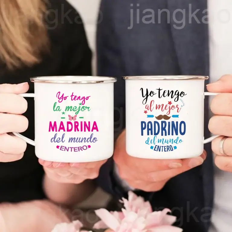 Tengo la mejor madrina y el padrino del mundo completo, taza de café esmaltada con estampado, taza de bebidas, tazas de Camping, regalo de cumpleaños y vacaciones