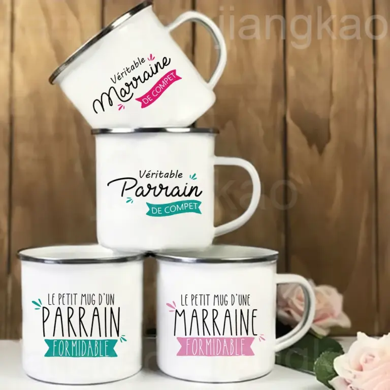 Taza de café esmaltada con estampado de loro Marraine francés, bebidas, taza de leche, tazas para acampar, el mejor regalo de cumpleaños y vacaciones para madrina y padrino