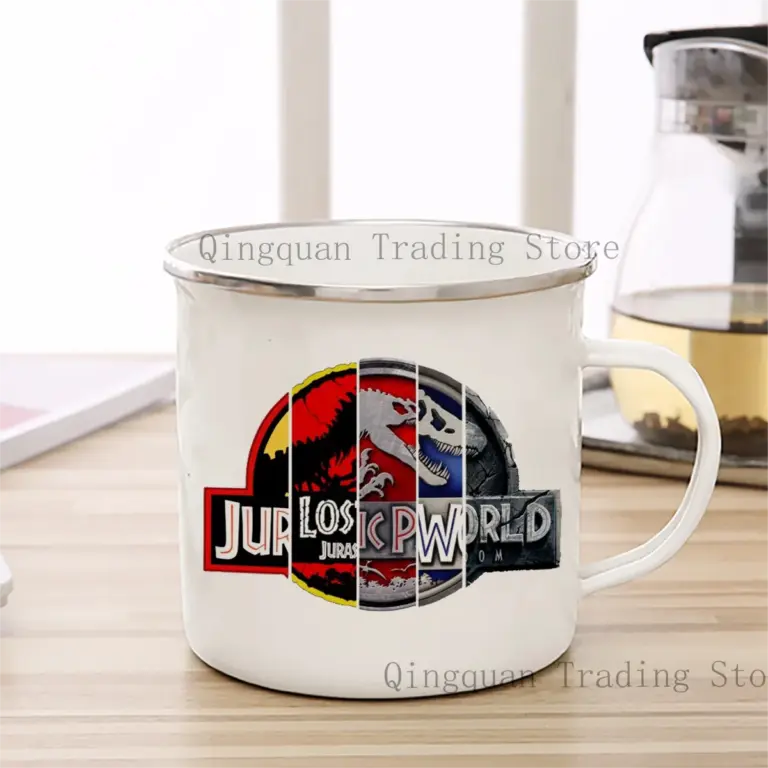 Taza esmaltada de Jurassic Park, taza de café de cerámica de 11oz, taza de café, té, cacao, taza de bebida de té con mango