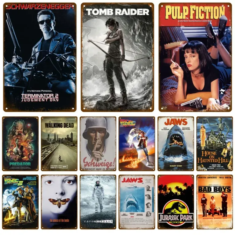 Letrero Metálico HD Vintage, Decoración de Pared con Películas Clásicas – Letrero Metálico Retro de Terminator, Pulp Fiction, Jaws, Jurassic Park, Póster de Película